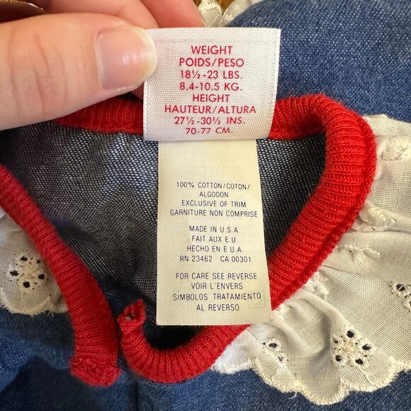 Vintage Buster Brown 12M Baby Romper Denim Puff Sleeve Lace Trim Red Bow USA - Picture 4 of 8